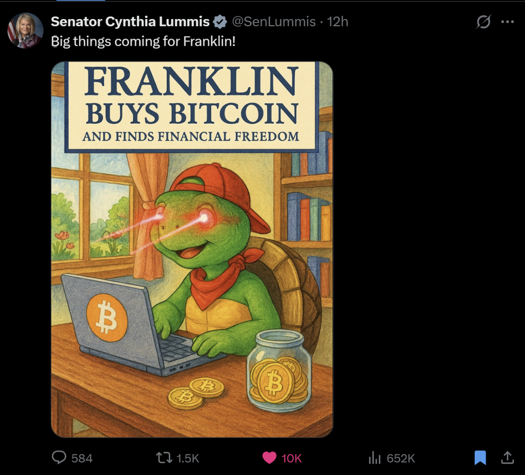 US Sen. Lummis Hints At US Bitcoin Buy With ‘Franklin’ Meme Senator Lummis Bitcoin 'Franklin' meme